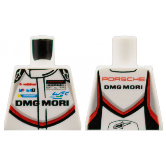Torso Race Suit with 'PORSCHE DMG MORI' and Black, Red and Light Bluish Gray Stripe on Front and Back Pattern