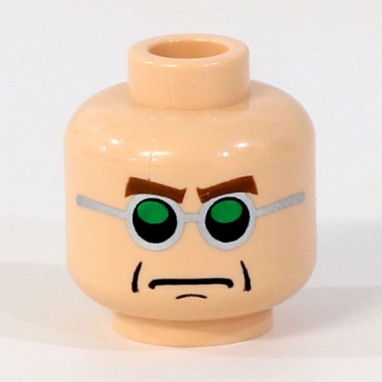 Minifigure, Head Glasses, Green and Silver, Brown Arched Eyebrows, Frown Pattern (Dr. Octopus) - Blocked Open Stud