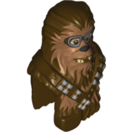 Minifigure, Head, Modified SW Wookiee with Double Bandolier and Pouch, Chewbacca with Dark Tan Face Fur, Teeth and Goggles Pattern