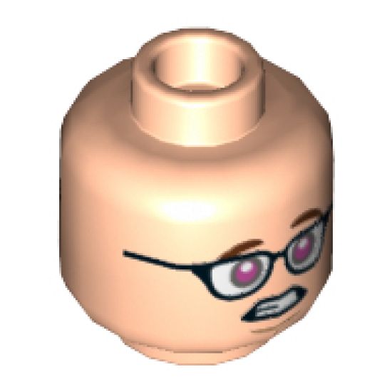 Minifigure, Head Dual Sided Black Glasses, Reddish Brown Eyebrows, Sheepish Grin / Dark Pink Eyes Pattern - Hollow Stud