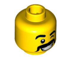 Minifigure, Head Male Thick Black Eyebrows and Moustache, Wink, Smile with White Teeth Pattern - Hollow Stud