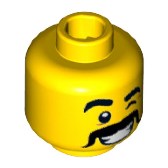 Minifigure, Head Male Thick Black Eyebrows and Moustache, Wink, Smile with White Teeth Pattern - Hollow Stud