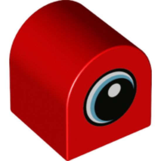 Duplo, Brick 2 x 2 x 2 Curved Top with White Spot and Medium Azure Circled Eye Looking Right Pattern