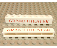 Brick 1 x 8 without Bottom Tubes with Cross Side Supports with Red 'GRAND THEATER' Thin Pattern