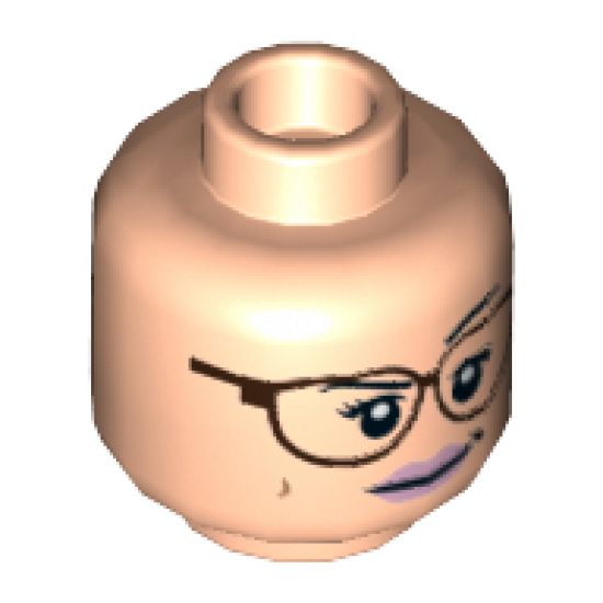 Minifigure, Head Dual Sided Female Reddish Brown Glasses, Bright Pink Lips, Crooked Smile and Raised Eyebrow / Open Mouth Angry Pattern - Hollow Stud
