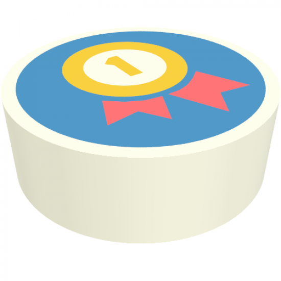 Tile, Round 1 x 1 with Yellow Number 1 in Circle Medal with Coral Ribbons on Dark Azure Background Pattern