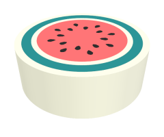 Tile, Round 1 x 1 with Coral Watermelon with Dark Turquoise Rind and Black Seeds Pattern