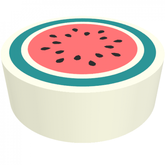 Tile, Round 1 x 1 with Coral Watermelon with Dark Turquoise Rind and Black Seeds Pattern
