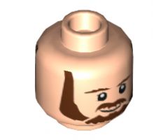 Minifigure, Head Dual Sided Beard, Brown Eyebrows, Moustache, White Pupils, Smile / Frown Pattern (SW Qui-Gon) - Hollow Stud