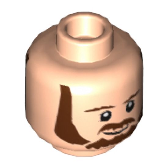 Minifigure, Head Dual Sided Beard, Brown Eyebrows, Moustache, White Pupils, Smile / Frown Pattern (SW Qui-Gon) - Hollow Stud