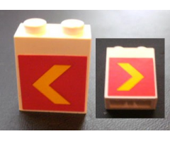 Brick 1 x 2 x 2 with Inside Axle Holder with Yellow Chevron on Red Background Pattern on Both Sides (Stickers) - Set 1255