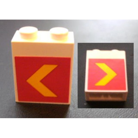 Brick 1 x 2 x 2 with Inside Axle Holder with Yellow Chevron on Red Background Pattern on Both Sides (Stickers) - Set 1255