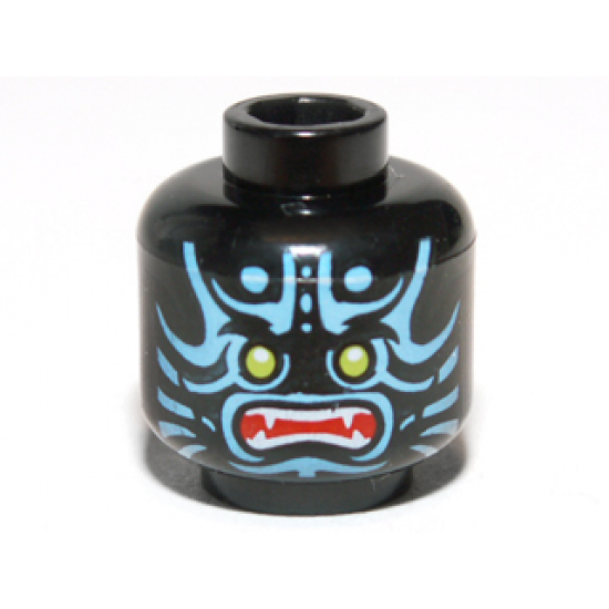 Minifigure, Head Alien with Lime Eyes, White Fangs, Blue Face Decorations and Red Mouth Pattern - Blocked Open Stud