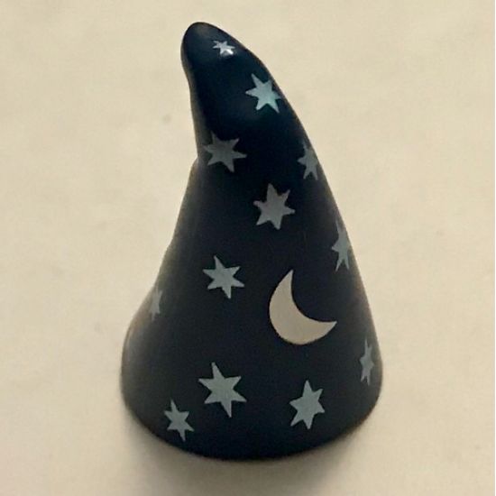 Minifigure, Headgear Hat, Cone Drooping, Wizard with Silver Stars and Moon Pattern