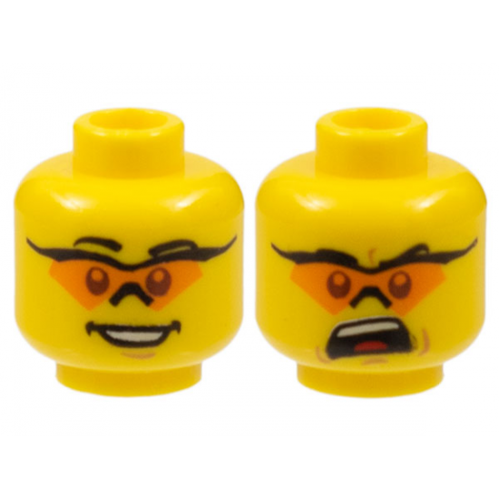 Minifigure, Head Dual Sided Glasses with Orange Lenses, Smile / Mouth Open Upset Pattern - Blocked Open Stud