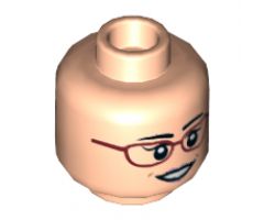 Minifigure, Head Dual Sided Female Glasses Red Frames, Dark Brown Eyebrows with Open Smile / Slight Smile Pattern (Amy Fowler) - Hollow Stud