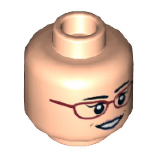 Minifigure, Head Dual Sided Female Glasses Red Frames, Dark Brown Eyebrows with Open Smile / Slight Smile Pattern (Amy Fowler) - Hollow Stud