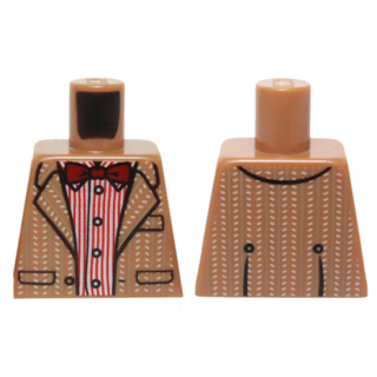 Torso Tweed Suit Jacket over Red Stripe Button Down Shirt and Dark Red Bow Tie Pattern