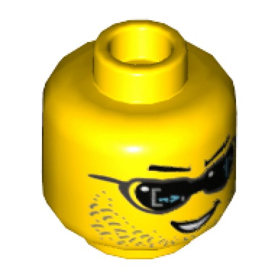 Minifigure, Head Dual Sided Black Digital Sunglasses, Stubble, Crooked Open Mouth Smile / Determined, Closed Mouth Pattern - Hollow Stud