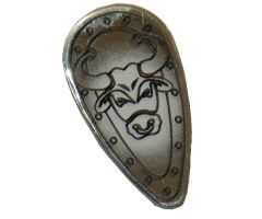 Minifigure, Shield Ovoid with Bull Head Black Outline on Chrome Silver Pattern