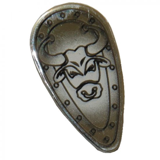 Minifigure, Shield Ovoid with Bull Head Black Outline on Chrome Silver Pattern