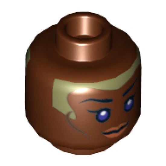 Minifigure, Head Female with Violet Eyes, Brown Lips and Pale Green Head Paint Pattern (SW Stass Allie) - Hollow Stud