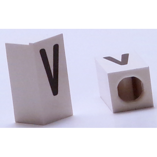 Tile, Modified 1 x 2 x 5/6 with Stud Hole in End and Black 'V' Upper Case Pattern