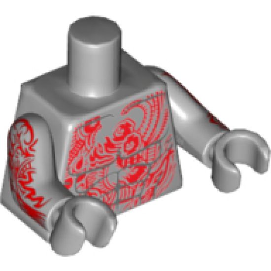 Torso Bare Chest with Muscles and Red Tattoo with Minifigure Heads Pattern / Light Bluish Gray Arms with Red Tattoo Pattern / Light Bluish Gray Hands