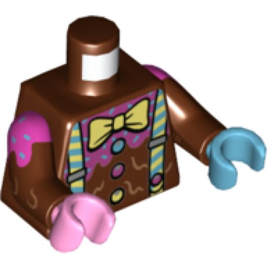 Torso Bow Tie and Suspenders Pattern / Reddish Brown Arms with Topping and Sprinkles Pattern / Medium Azure Hand Left / Bright Pink Hand Right