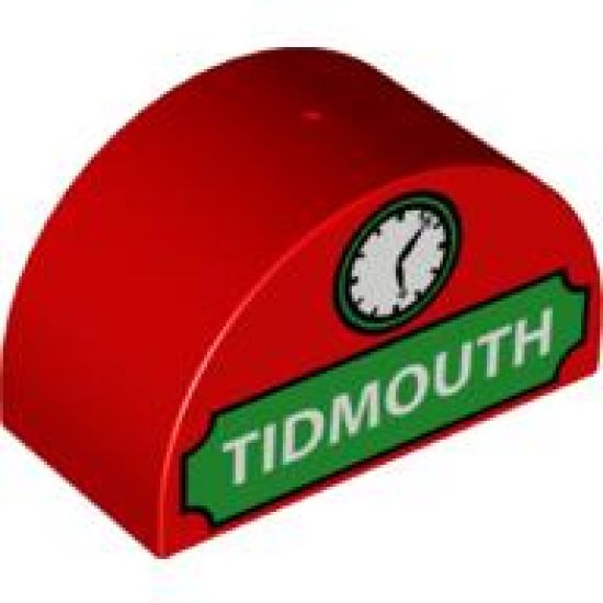 Duplo, Brick 2 x 4 x 2 Curved Top with 'TIDMOUTH' and Clock Pattern