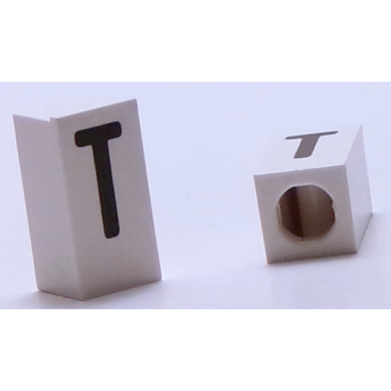 Tile, Modified 1 x 2 x 5/6 with Stud Hole in End and Black 'T' Upper Case Pattern