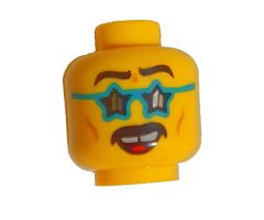 Minifigure, Head Dual Sided Black Eyebrows and Moustache, Dark Turquoise Star Glasses, Gap in Teeth, Smile / Scared Pattern - Hollow Stud