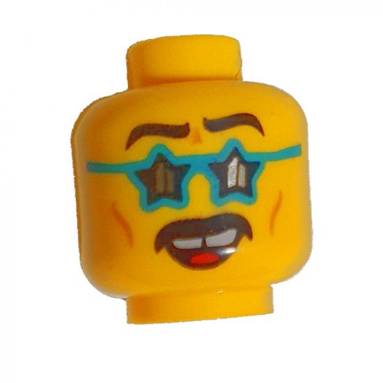 Minifigure, Head Dual Sided Black Eyebrows and Moustache, Dark Turquoise Star Glasses, Gap in Teeth, Smile / Scared Pattern - Hollow Stud