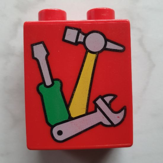 Duplo, Brick 1 x 2 x 2 with Screwdriver, Hammer and Wrench Tools Pattern