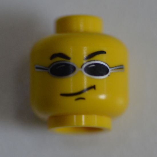 Minifigure, Head Glasses with Small Black Sunglasses, Smirk Pattern (Snap) - Blocked Open Stud