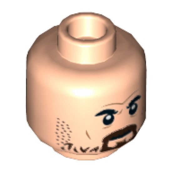 Minifigure, Head Furrowed Brow, Black Eyebrows, Dark Brown Beard and Stubble Pattern - Hollow Stud
