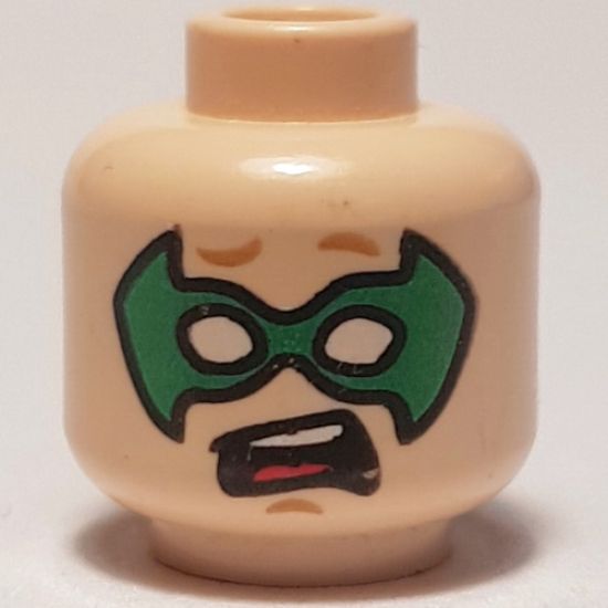 Minifigure, Head Dual Sided Male Green Eye Mask with Eye Holes, Smile / Scared Pattern (Robin) - Hollow Stud