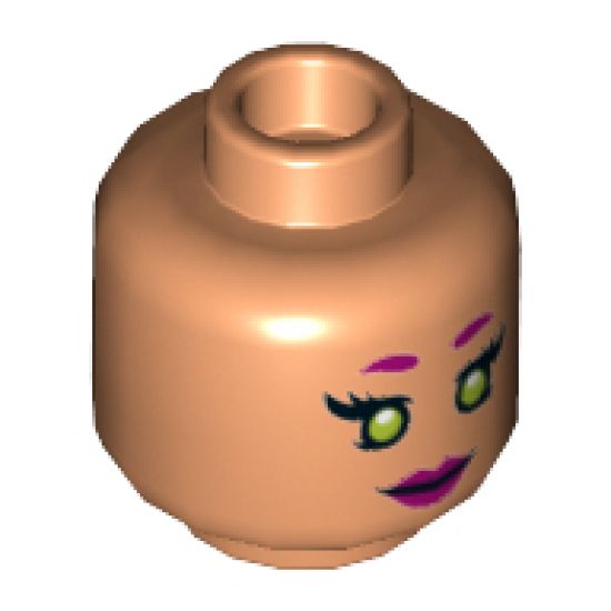 Minifigure, Head Dual Sided Female Magenta Eyebrows and Lips, Lime Eyes, Smile / Clenched Pattern (Starfire) - Hollow Stud