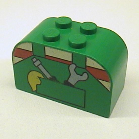 Slope, Curved 4 x 2 x 2 Double with Four Studs with Overalls and Tools in Pocket Pattern