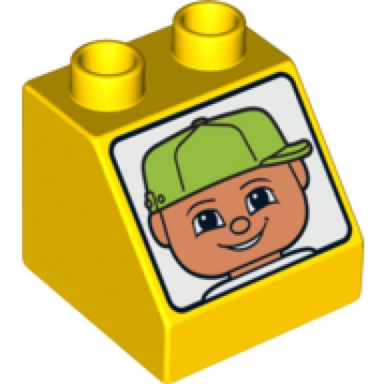 Duplo, Brick 2 x 2 x 1 1/2 Slope 45 with Face with Lime Baseball Cap Pattern