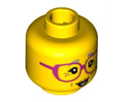 Minifigure, Head Female Glasses Dark Pink, Gray Eyebrows, Crow's Feet Pattern - Hollow Stud