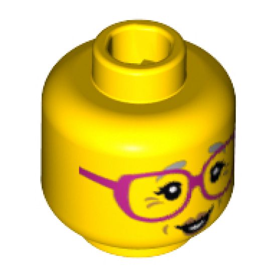 Minifigure, Head Female Glasses Dark Pink, Gray Eyebrows, Crow's Feet Pattern - Hollow Stud
