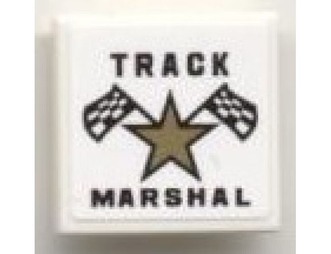 Tile 2 x 2 with Star, Checkered Flags, and 'TRACK MARSHAL' Pattern (Sticker) - Set 8121