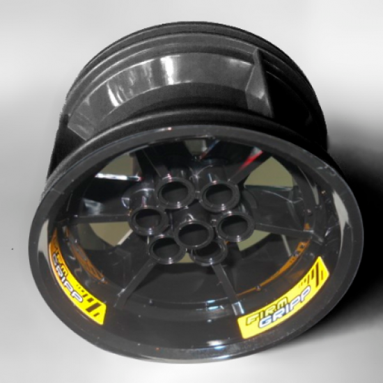 Wheel 56mm D. x 34mm Technic Racing Medium, 6 Pin Holes with Yellow 'FIRM GRIPP' Pattern (3 Stickers) - Set 42039