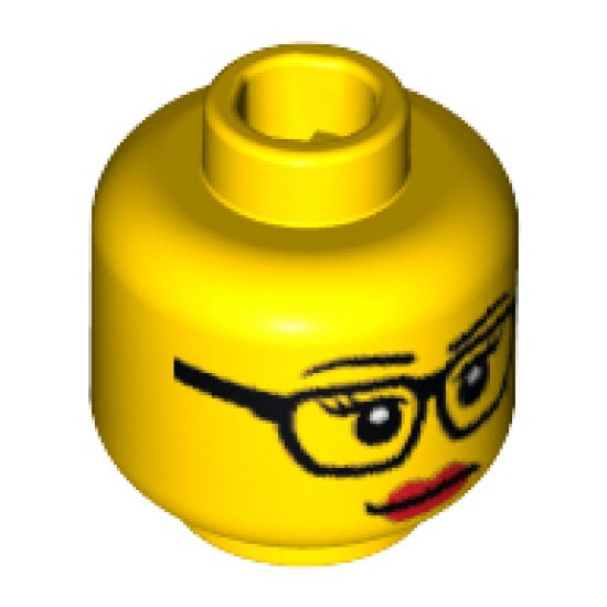 Minifigure, Head Female Glasses, Eyelashes and Red Lips Pattern - Blocked Open Stud