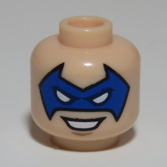 Minifigure, Head Male Blue Eye Mask Pointed with Eye Holes and Open Smile Pattern (Trickster) - Hollow Stud