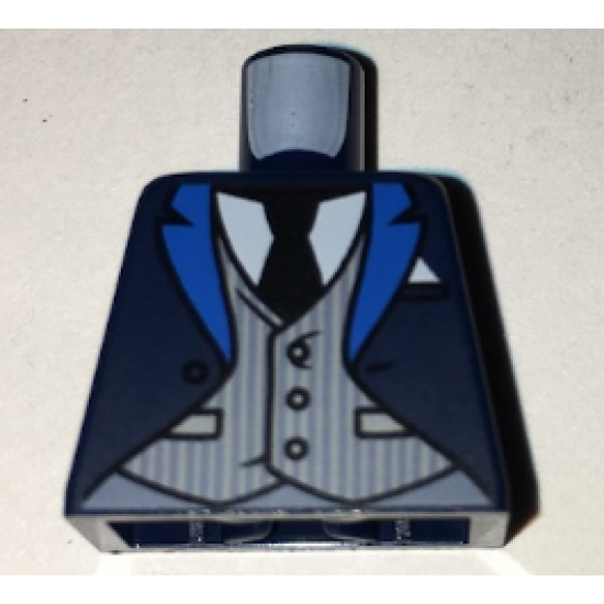 Torso Coat with Blue Lapels, Light Bluish Gray Pinstripe Vest, White Shirt, Black Tie Pattern