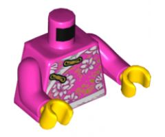 Torso Qipao with White Flowers and Hems, Gold Clasps and Leaves Pattern / Dark Pink Arms / Yellow Hands