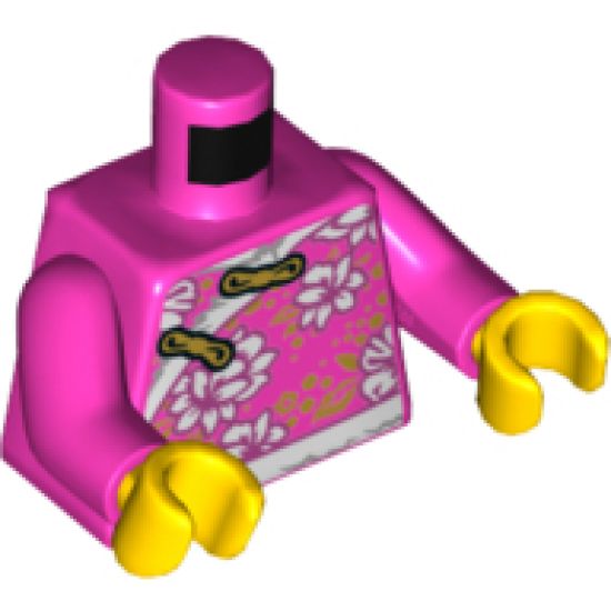 Torso Qipao with White Flowers and Hems, Gold Clasps and Leaves Pattern / Dark Pink Arms / Yellow Hands