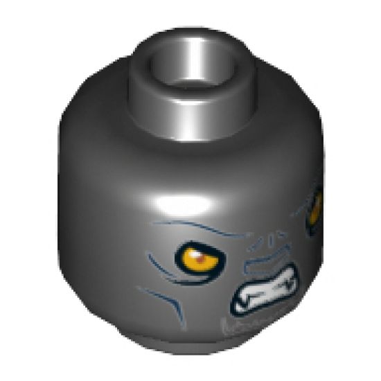 Minifigure, Head Dual Sided Alien Chima Panther with Yellow Eyes, Fangs and Dark Blue Facial Lines, Neutral / Angry Pattern (Tormak) - Hollow Stud